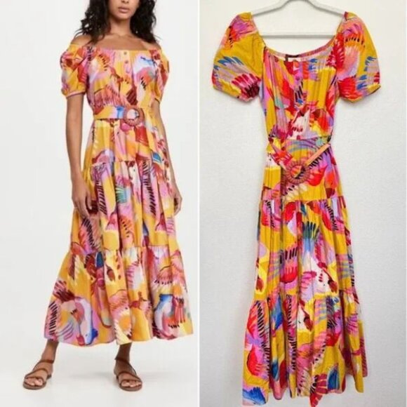 Farm Rio Dresses & Skirts - Farm Rio by Anthropologie Neon Macaws Puff Sleeve Maxi Dress Tiered Women Small
